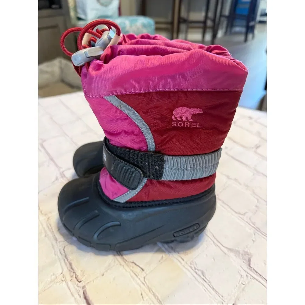 Sorel Kids Size 8 Flurry Durable Snow Boots Red Pink Winter Water Resistant